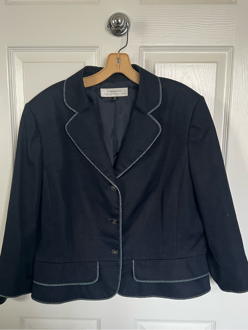 VTG Tahari Arthur S Levine Navy Blue Blazer Jacket Contrast White Stitch 18 XXL